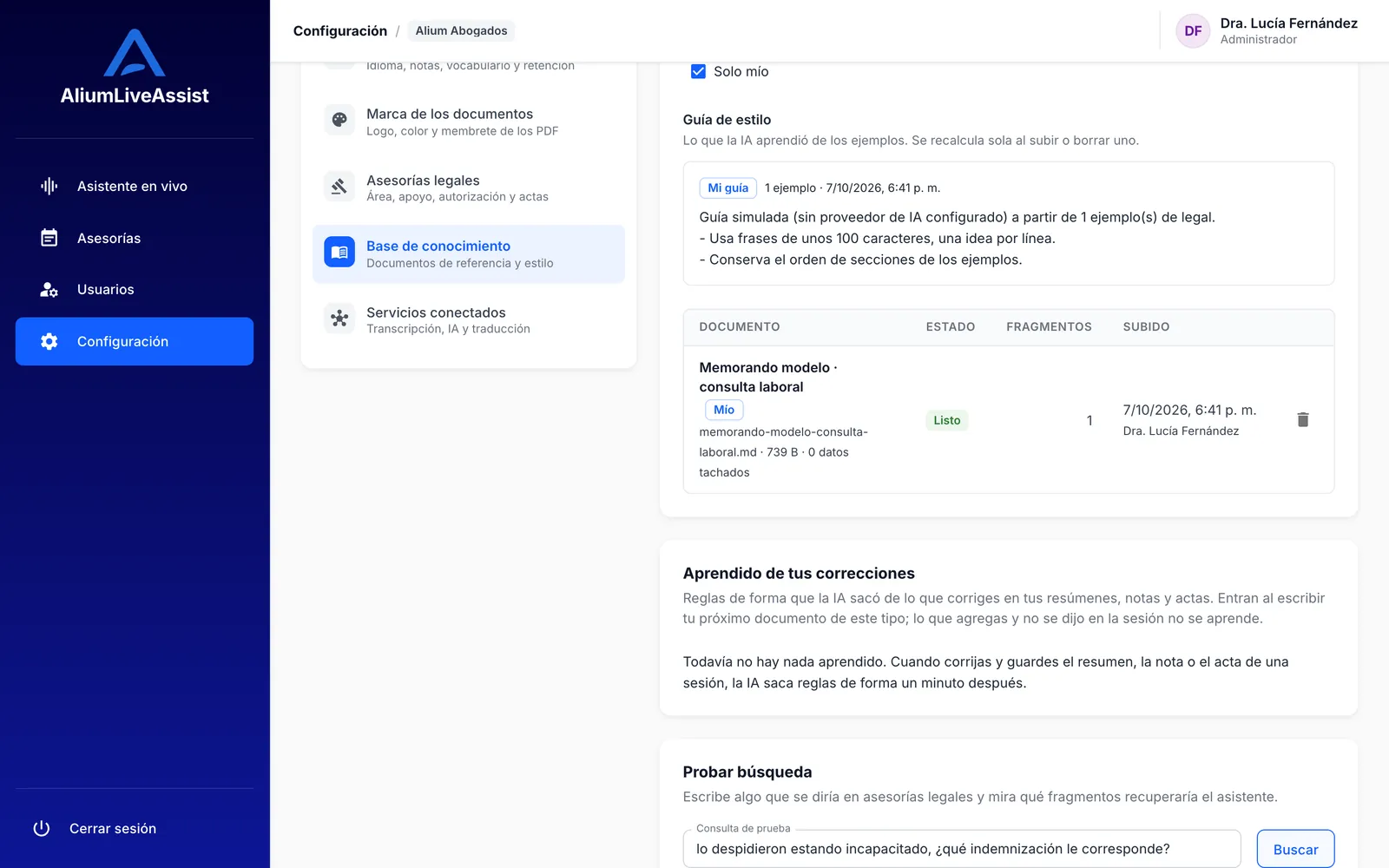 Base de conocimiento y plantillas de la empresa en Alium LiveAssist