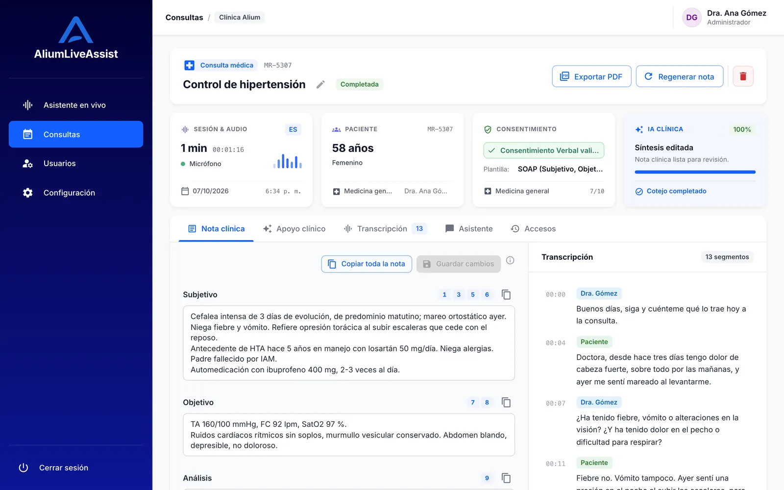 Nota clínica SOAP generada a partir de la consulta en Alium LiveAssist