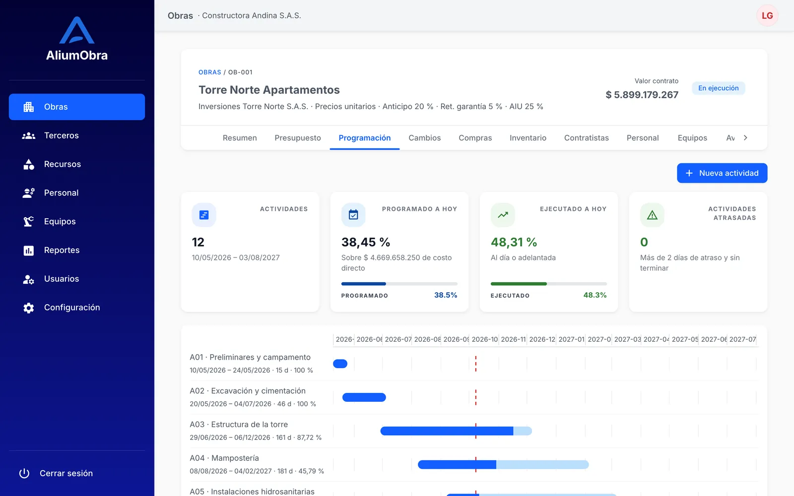 Programación de obra en Gantt en Alium Obra, con avance programado y ejecutado